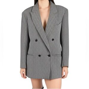 Vintage wool blend grey white black tweed herringbone oversized blazer jacket